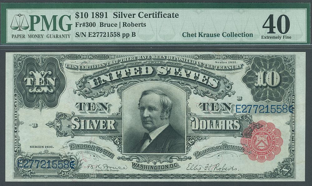 Fr.300, 1891 $10 Silver Certificate "Tombstone Note", Extremely Fine